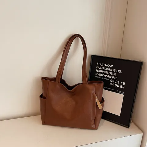 Large Capacity PU Leather Tote Bag For Women Minimalist Commuter Shoulder Bag With Side Pockets Solid Color Handbag
