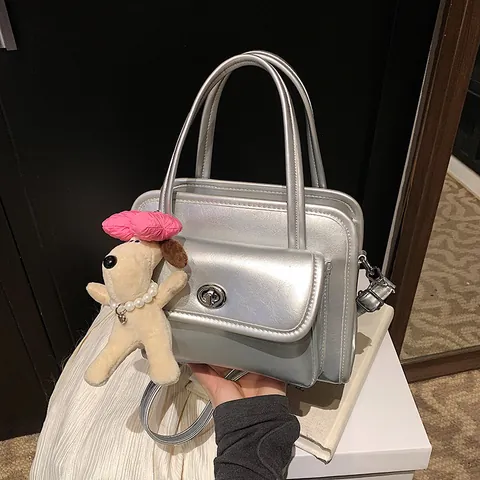 Korean Style Fashion Bowling Bag For Women Minimalist Large Capacity PU Leather Shoulder Bag With Cute Dog Charm Handbag