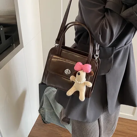 Korean Style Fashion Bowling Bag For Women Minimalist Large Capacity PU Leather Shoulder Bag With Cute Dog Charm Handbag