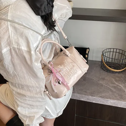 Vintage PU Leather Boston Bag For Women Fashion Letter Embossed With Pearl Bow Pendant Casual Shoulder Crossbody Bag Commuter Handbag