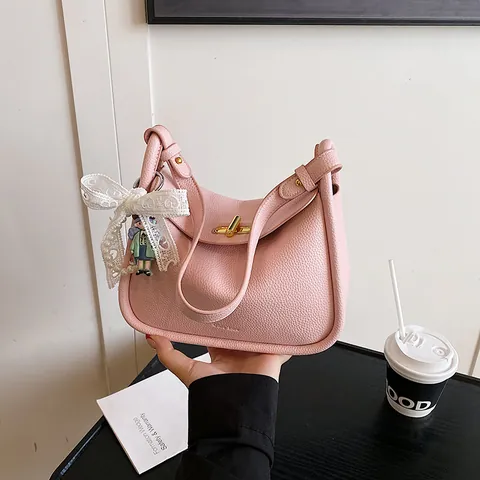 Borsa a Tracolla in Pelle PU con Motivo Litchi Donna Borsa Sottobraccio Tinta Unita con Fiocco Moda Versatile Casual