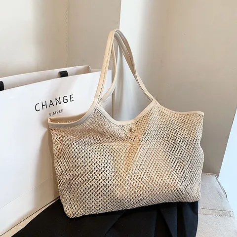 Women Large Capacity Mesh Woven Tote Bag Straw Beach Vacation Handbag Internal Zipper Pouch Shoulder Bag