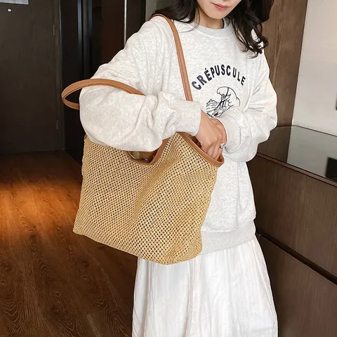 Women Large Capacity Mesh Woven Tote Bag Straw Beach Vacation Handbag Internal Zipper Pouch Shoulder Bag