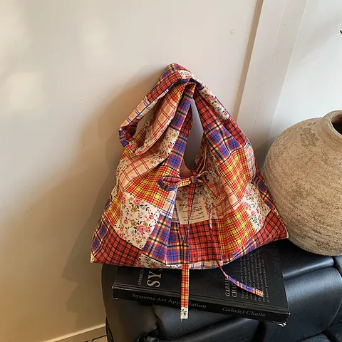 Vintage Bohemian Patchwork Leinwand Tote Bag Große Kapazität Wendbare Schultertasche Blumen Karomuster Damen Einkaufstasche