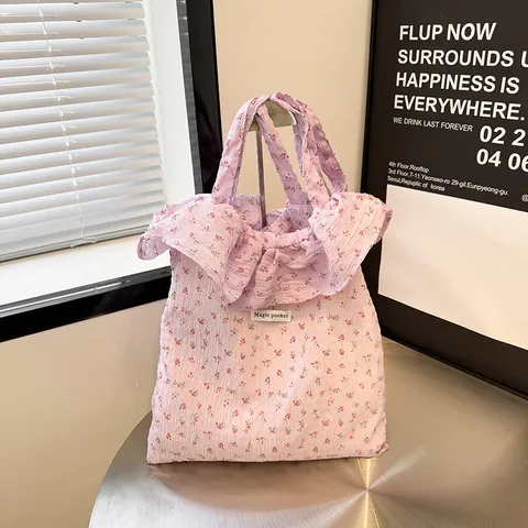 Bolso Tote de Lona Floral Dulce para Mujer Gran Capacidad Cereza con Volantes Bolso de Hombro Compras con Etiqueta Magic Pocket