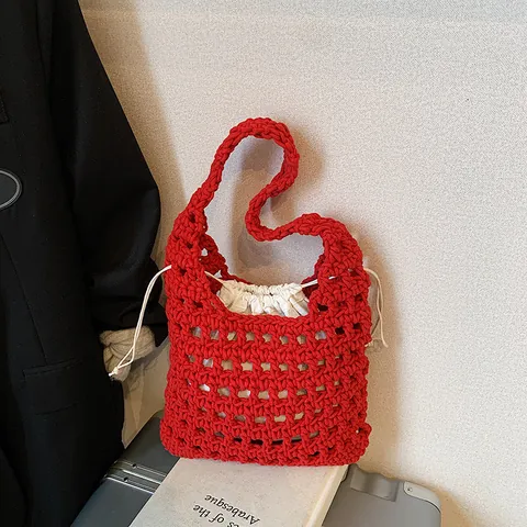 Borsa a Spalla da Donna in Maglia Traforata Borsa Tote Intrecciata a Mano Con Tasca Interna a Coulisse Borsa da Spiaggia Casual