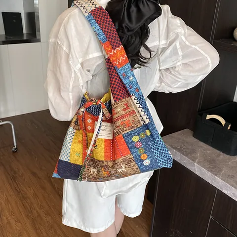 Vintage Bohemian Patchwork Leinwand Tote Bag Große Kapazität Wendbare Schultertasche Blumen Karomuster Damen Einkaufstasche