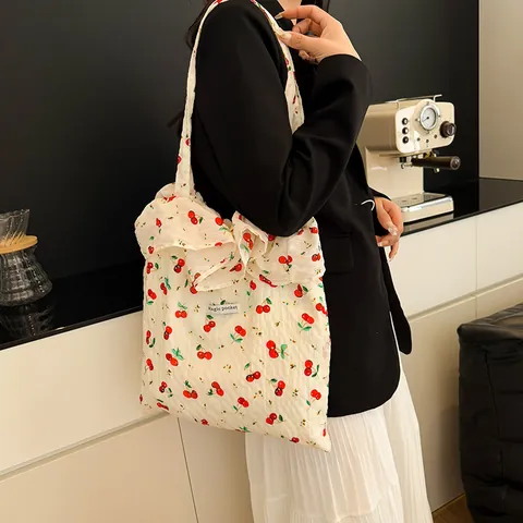 Bolso Tote de Lona Floral Dulce para Mujer Gran Capacidad Cereza con Volantes Bolso de Hombro Compras con Etiqueta Magic Pocket