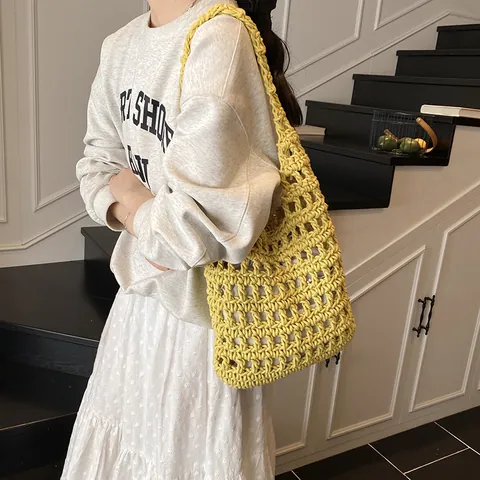 Borsa a Spalla da Donna in Maglia Traforata Borsa Tote Intrecciata a Mano Con Tasca Interna a Coulisse Borsa da Spiaggia Casual
