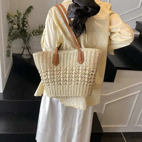Bolso Tote de Paja Tejida Informal para Mujer de Gran Capacidad Calado para Playa y Vacaciones Bolso de Hombro Con Asas de Cuero PU