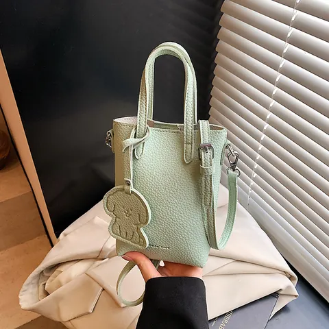 Women Lychee Pattern PU Leather Mini Crossbody Bag With Cute Dog Charm Small Tote Handbag For Mobile Phone Daily Casual Bag