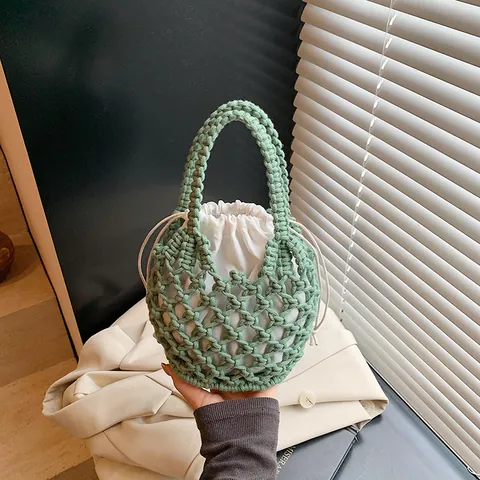 Handmade Knitted Bucket Bag With Drawstring Inner Pouch Hollow Mesh Woven Handbag For Women Vacation Daily Casual Accessory