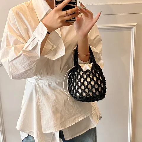 Handmade Knitted Bucket Bag With Drawstring Inner Pouch Hollow Mesh Woven Handbag For Women Vacation Daily Casual Accessory