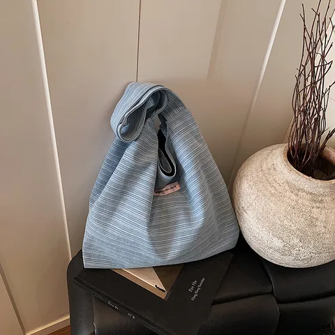 Large Capacity Striped Canvas Tote Bag For Women Summer Minimalist Shopping Shoulder Underarm Bag With Decorative Patch