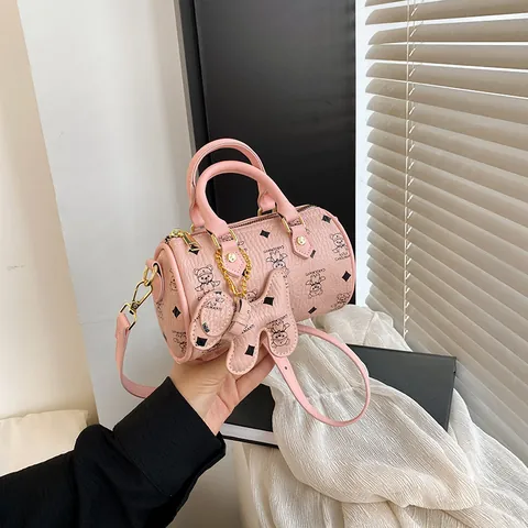 Borsa a Tracolla Boston Vintage per Donna in Pelle PU Stampa Monogramma Orso Mini Borsa a Mano Con Ciondolo Tracolla Regolabile