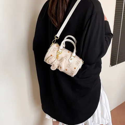 Borsa a Tracolla Boston Vintage per Donna in Pelle PU Stampa Monogramma Orso Mini Borsa a Mano Con Ciondolo Tracolla Regolabile