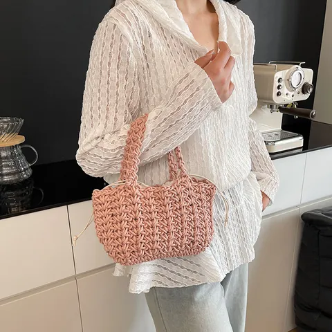 Borsa a Mano da Donna Intrecciata in Maglia Fatta a Mano Tasca Interna con Coulisse alla Moda Mini Borsa Tote Casual per Vacanze