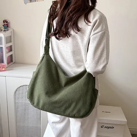 Bolso Tote Pana Gran Capacidad para Mujer Casual Color Sólido Bolso de Hombro Con Bolsillo de Cremallera Bolso Bandolera