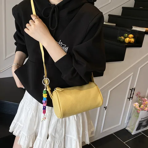 Women Casual PU Leather Cylinder Bag Fashion Lychee Pattern Pillow Crossbody Bag With Colorful Letter Bead Charm Daily Shoulder Bag