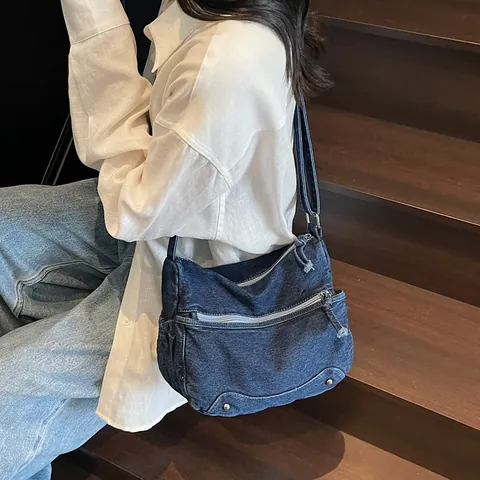 Large Capacity Washed Denim Crossbody Bag For Women Vintage Multi Pocket Canvas Shoulder Bag With Adjustable Strap Tote