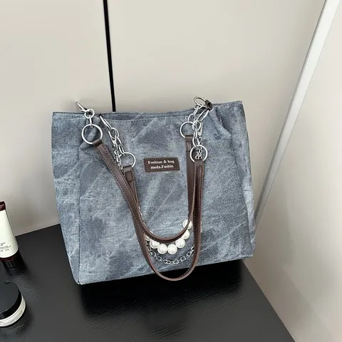 Französische Vintage Denim Tragetasche Künstliche Perlenkette Dekor Große Kapazität Gewaschene Leinwand Umhängetasche Damen Alltag Arbeit Shopping