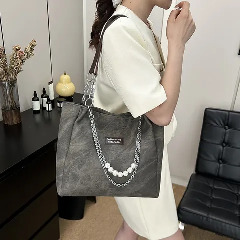 Französische Vintage Denim Tragetasche Künstliche Perlenkette Dekor Große Kapazität Gewaschene Leinwand Umhängetasche Damen Alltag Arbeit Shopping