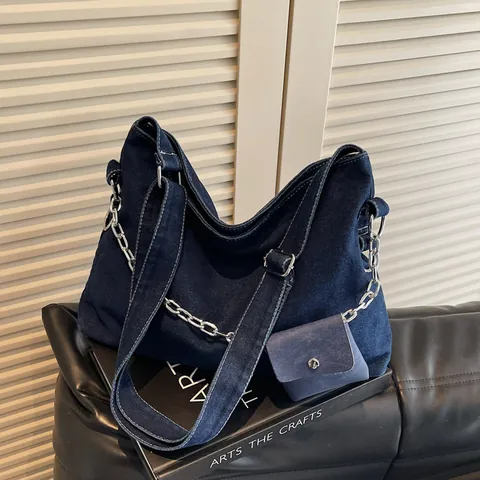 Women Large Capacity Denim Tote Bag Hobo Crossbody Bag With Metal Chain And Mini Pouch Solid Color Casual Shoulder Bag