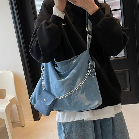Women Large Capacity Denim Tote Bag Hobo Crossbody Bag With Metal Chain And Mini Pouch Solid Color Casual Shoulder Bag