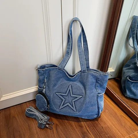 Vintage Washed Denim Star Pattern Tote Bag Large Capacity Women Casual Shoulder Bag With Round Coin Purse Handbag