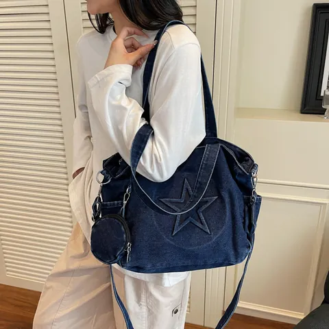 Vintage Washed Denim Star Pattern Tote Bag Large Capacity Women Casual Shoulder Bag With Round Coin Purse Handbag