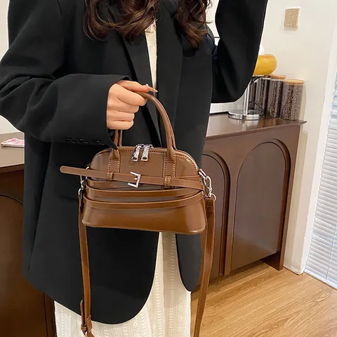 Vintage PU Leather Shell Crossbody Bag For Women Luxury Urban Simple Shoulder Bag With Double Zipper And Belt Buckle Decoration Large Capacity Handbag