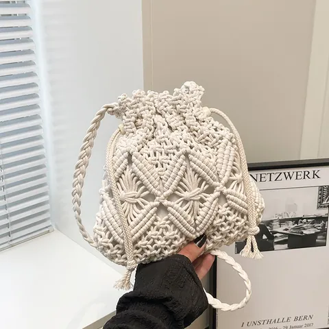 Handmade Woven Bucket Bag For Women Hollow Out Summer Beach Vacation Bag Cotton Rope Drawstring Crossbody Shoulder Bag