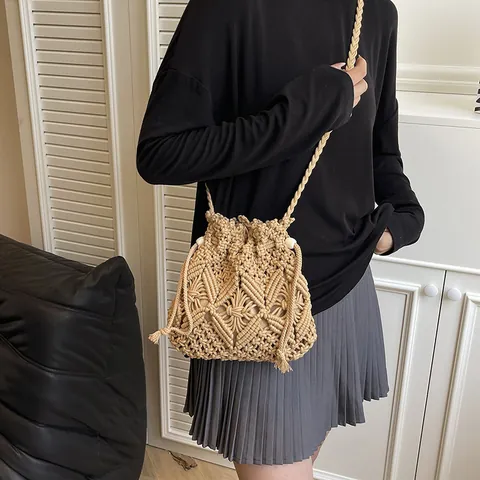 Handmade Woven Bucket Bag For Women Hollow Out Summer Beach Vacation Bag Cotton Rope Drawstring Crossbody Shoulder Bag