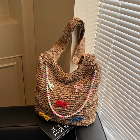 Borsa Tote in Paglia Intrecciata a Mano Donna Borsa a Tracolla Stile Resort al Mare Retro Foresta Grande Borsa Hobo Con Fiocchi