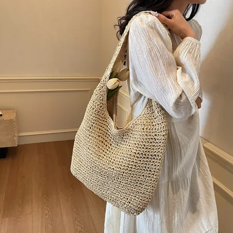 Borsa Tote in Paglia Intrecciata a Mano Donna Borsa a Tracolla Stile Resort al Mare Retro Foresta Grande Borsa Hobo Con Fiocchi