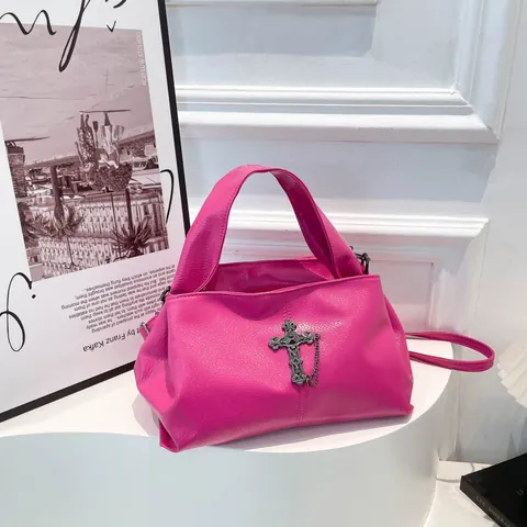 Gothische Punk PU Leer Crossbody Tas Voor Vrouwen Vintage Metalen Kruis Decor Ketting Schoudertas Mode Y2K Handtas