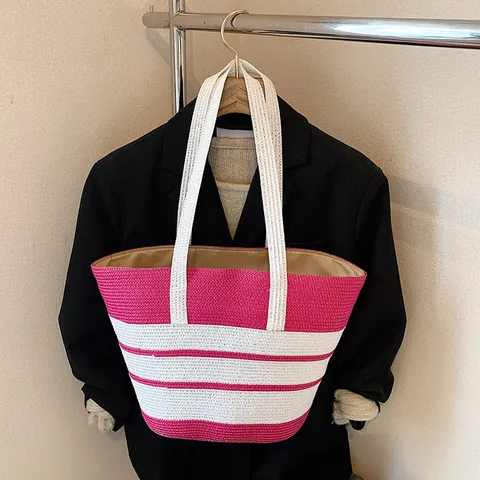 Large Capacity Striped Straw Woven Tote Bag For Women Summer Beach Vacation Shoulder Bag With Bow Pearl Decor