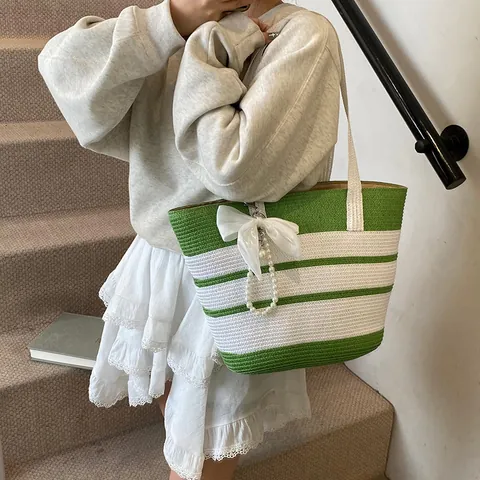 Large Capacity Striped Straw Woven Tote Bag For Women Summer Beach Vacation Shoulder Bag With Bow Pearl Decor