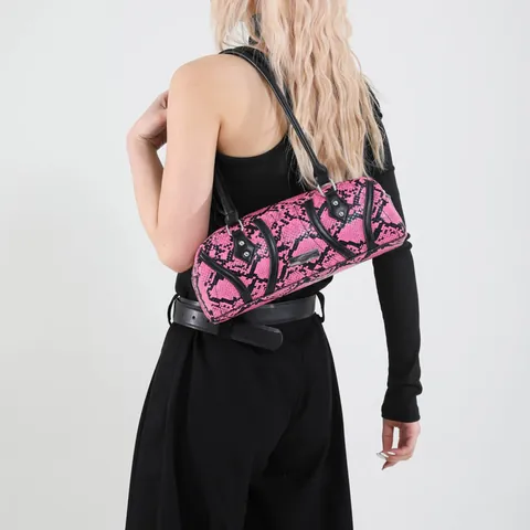Women Trendy Snakeskin Print Underarm Bag PU Leather Python Texture Shoulder Bag Retro Rivet Stitching Simple Handbag