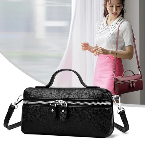 Women Lychee Grain PU Leather Small Square Bag Minimalist High-end Solid Color Handbag Double Zipper Crossbody Shoulder Bag Vintage Fashion Satchel Daily Travel Purse