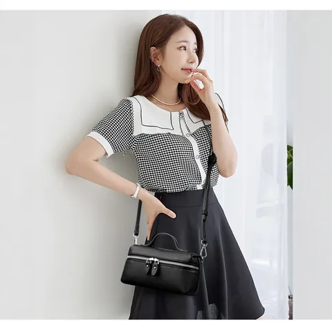 Women Lychee Grain PU Leather Small Square Bag Minimalist High-end Solid Color Handbag Double Zipper Crossbody Shoulder Bag Vintage Fashion Satchel Daily Travel Purse