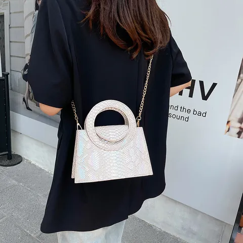 Borsa a Mano da Donna Motivo Serpente Iridiscente Manico Tondo Catena Oro Pelle PU Borsa a Tracolla per Uso Quotidiano Festa