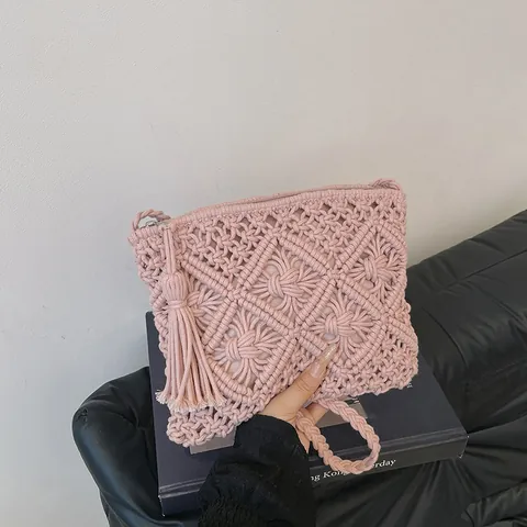 Böhmische Handgewebte Macrame Quaste Umhängetasche Damen Rautengitter Sommer Strand Stroh Umhängetasche Casual Clutch