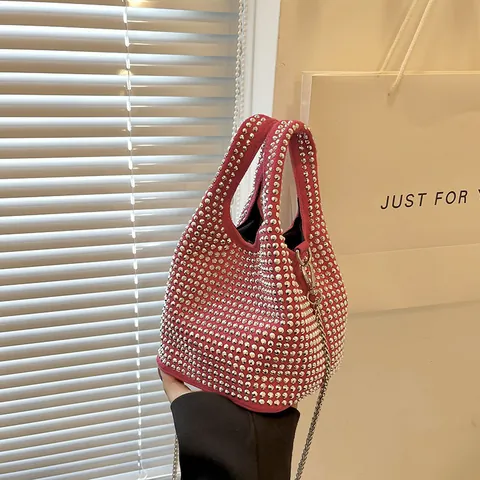Fashion Women PU Rhinestone Bucket Bag Vintage French Style Studded Handbag With Metal Chain Strap For Party Banquet Casual Crossbody Bag