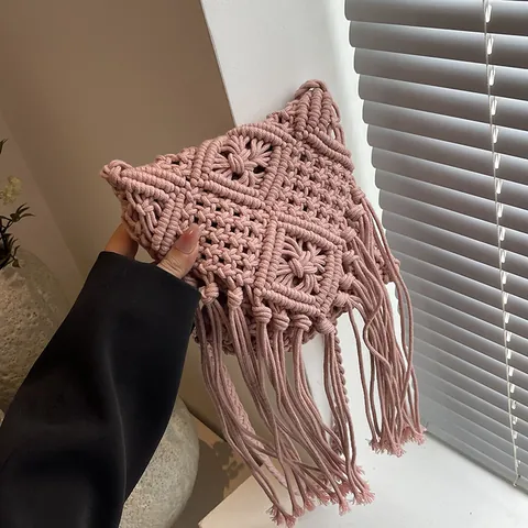 Bohemian Handmade Cotton Rope Woven Crossbody Bag With Tassels Geometric Macrame Beach Holiday Shoulder Bag For Women