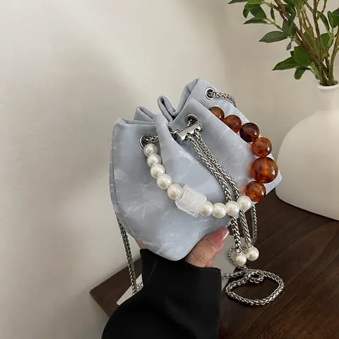 Bolso Bombonera de Cuentas de Tendencia para Mujer con Cuentas de Resina Ámbar y Correa de Cadena de Metal Bolso de Hombro Cruzado a la Moda con Cordón