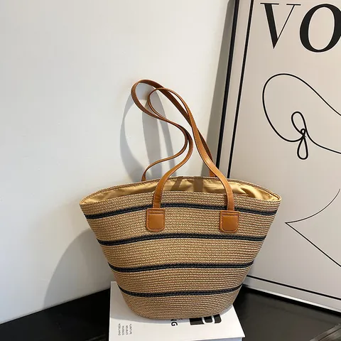 Große Handgewebte Stroh Tragetasche Damen Sommer Strand Urlaub Gestreifte Schultertasche Minimalistische Gewebte Eimer Tasche Kunstleder Griff