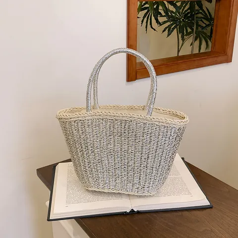 Trendige Gewebte Stroh Korb Tasche Mit Metallischem Glitzer Für Damen Sommer Strand Urlaub Handtasche Gold Silber Tote Bag