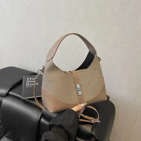 Damen Urbaner Minimalistischer Hobo-Bag PU-Leder Stoff Patchwork Handtasche Halbmond Umhängetasche Mit Metallschnalle Crossbody Tasche