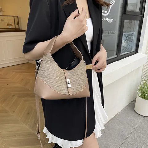 Damen Urbaner Minimalistischer Hobo-Bag PU-Leder Stoff Patchwork Handtasche Halbmond Umhängetasche Mit Metallschnalle Crossbody Tasche